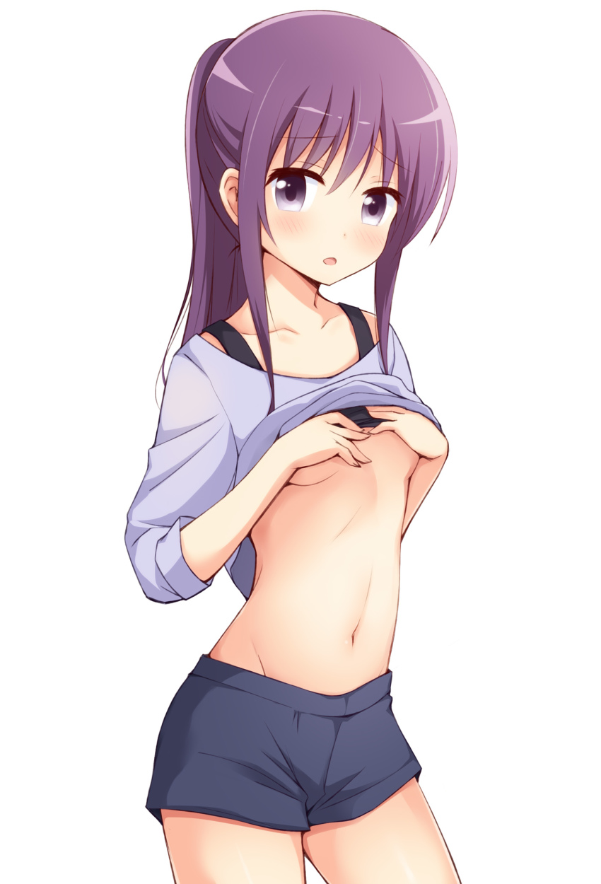 10s, 1girl, :o, blush, breasts, clothes_lift, collarbone, comic_girls