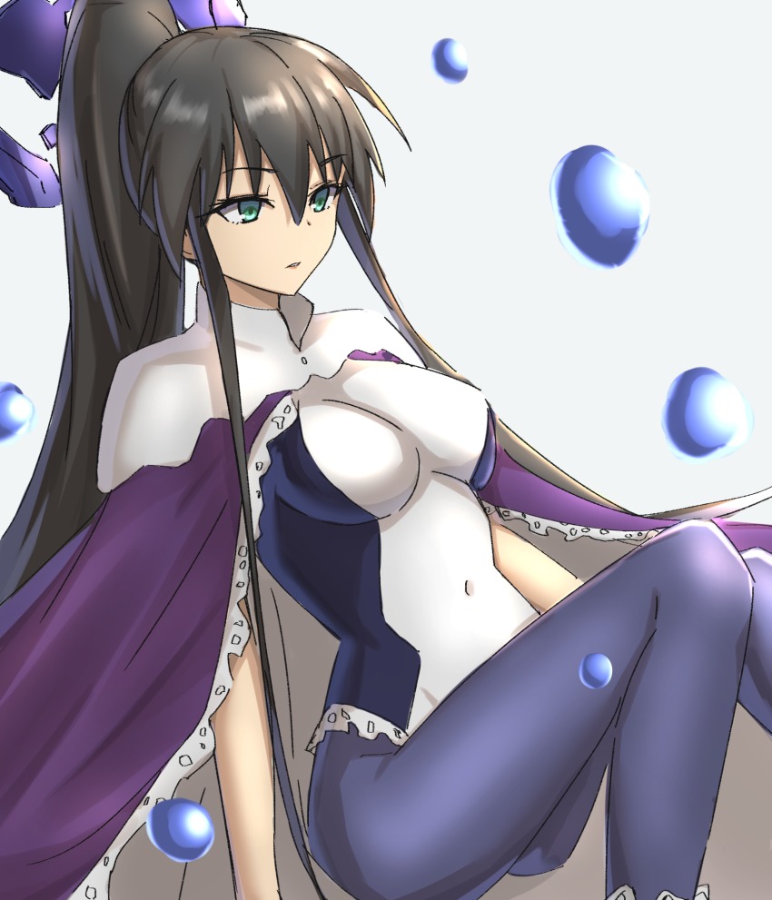 1girl, bare_arms, black_hair, blue_pantyhose, breasts, bubble, cape, covered_navel