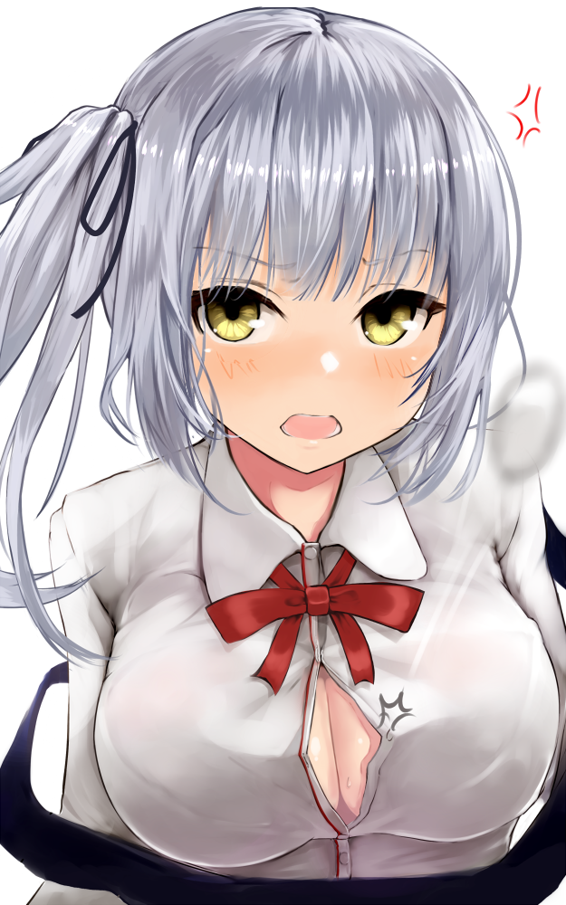 1girl, alternate_breast_size, anger_vein, bad_id, bad_pixiv_id, black_ribbon, blush, breasts, button_fly, buttons, cleavage, collared_shirt, dress, embarrassed, female_focus, grey_hair, hair_ribbon, kantai_collection, kasumi_(kancolle), kasumi_kai_ni_(kancolle), large_breasts, long_hair, long_sleeves, looking_at_viewer, miyako_(miyako_lplover), no_bra, off_shoulder, one_side_up, open_mouth, pinafore_dress, popped_button, red_ribbon, ribbon, shirt, side_ponytail, sidelocks, simple_background, sleeveless, sleeveless_dress, solo, sweatdrop, tsurime, white_background, white_shirt, yellow_eyes