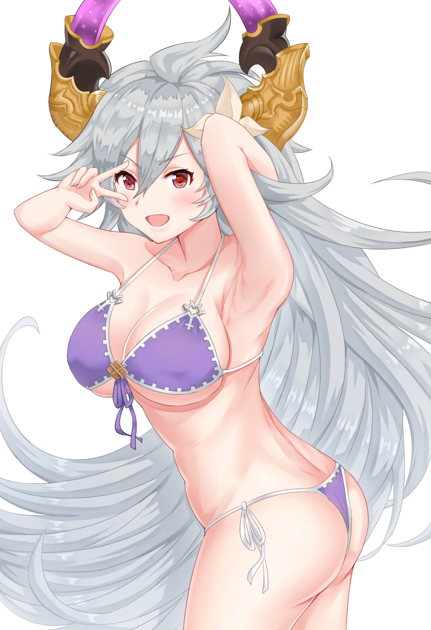 1girl, ahoge, armpits, arms_up, ass, bare_shoulders, bikini, blush