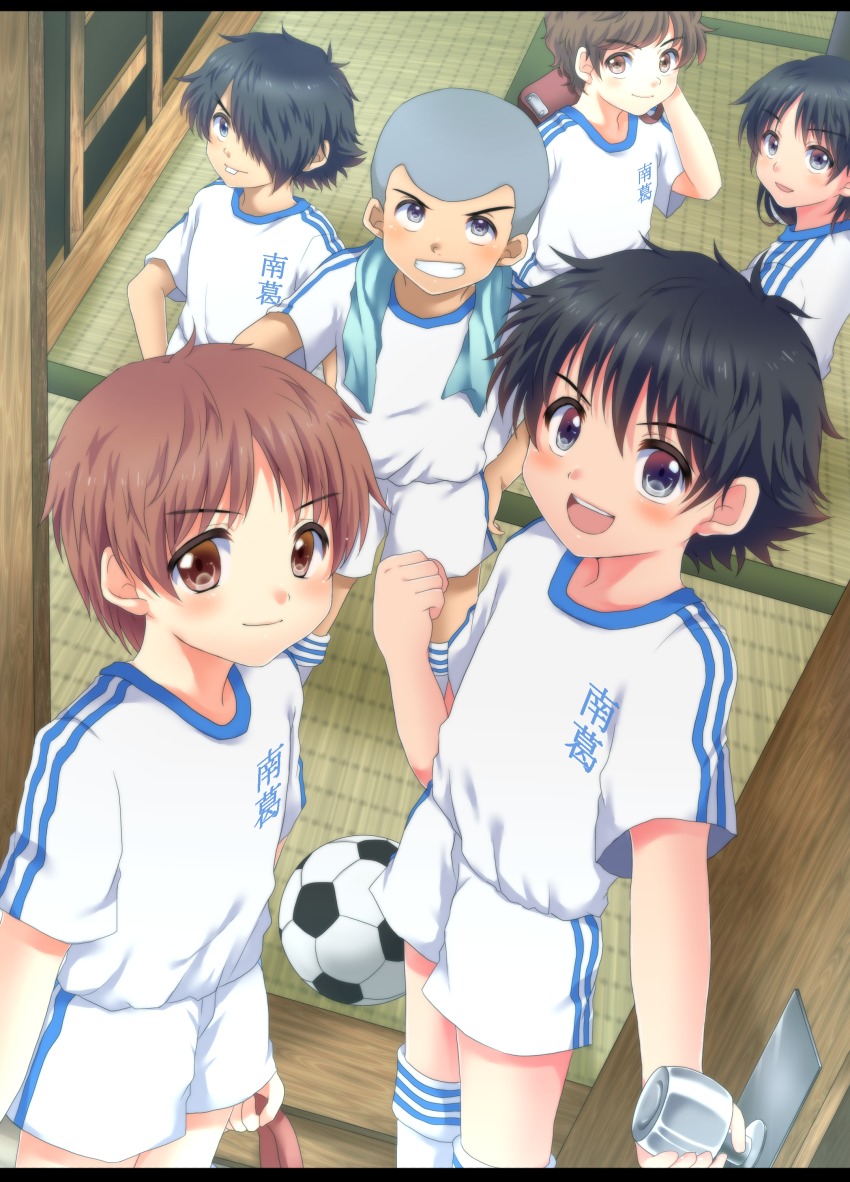 6+boys, absurdres, artist_request, bad_id, bad_pixiv_id, ball, blue_eyes, brown_eyes, brown_hair, buck_teeth, captain_tsubasa, commentary_request, curly_hair, door, eyebrows, fist_pump, grey_hair, grin, hair_over_one_eye, highres, indoors, ishizaki_ryou, izawa_mamoru, kisugi_teppei, long_hair, male_focus, misaki_tarou, multiple_boys, oozora_tsubasa, opening_door, shirt, short_hair, shorts, smile, soccer_ball, soccer_uniform, socks, sportswear, taki_hajime, teeth