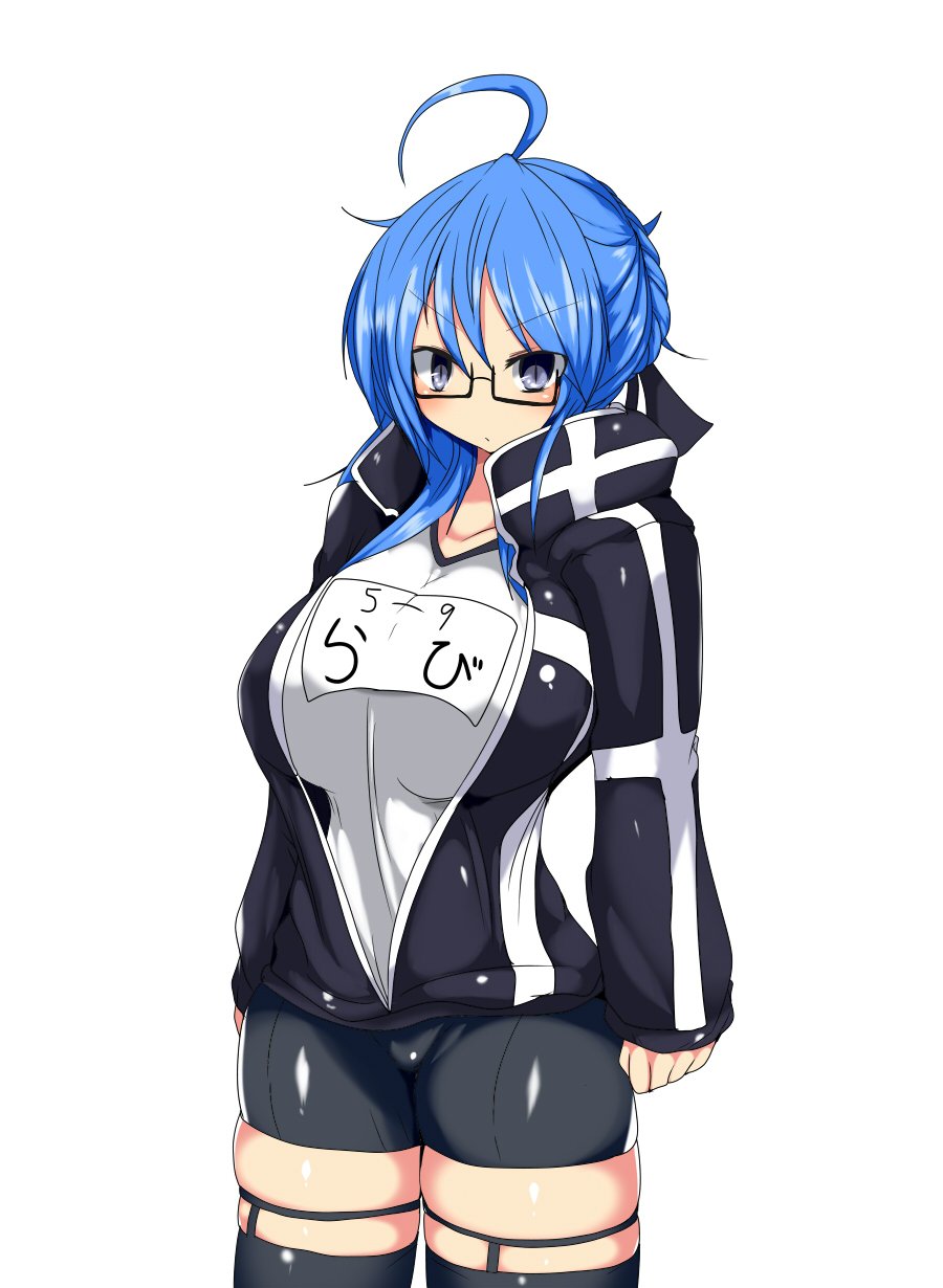 1girl, ahoge, artoria_pendragon_(fate), bike_shorts, blue_eyes, blue_hair, breasts, cosplay, fate_(series), female_focus, glasses, highres, huge_breasts, jacket, looking_at_viewer, mysterious_heroine_x_alter_(fate), mysterious_heroine_x_alter_(fate)_(cosplay), original, skindentation, solo, taku_(yakumodaisuki), thighhighs, track_jacket, track_suit