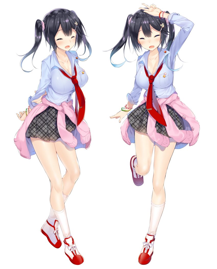 1girl, :d, absurdres, arm_up, arms_behind_back, black_hair, black_skirt, bracelet