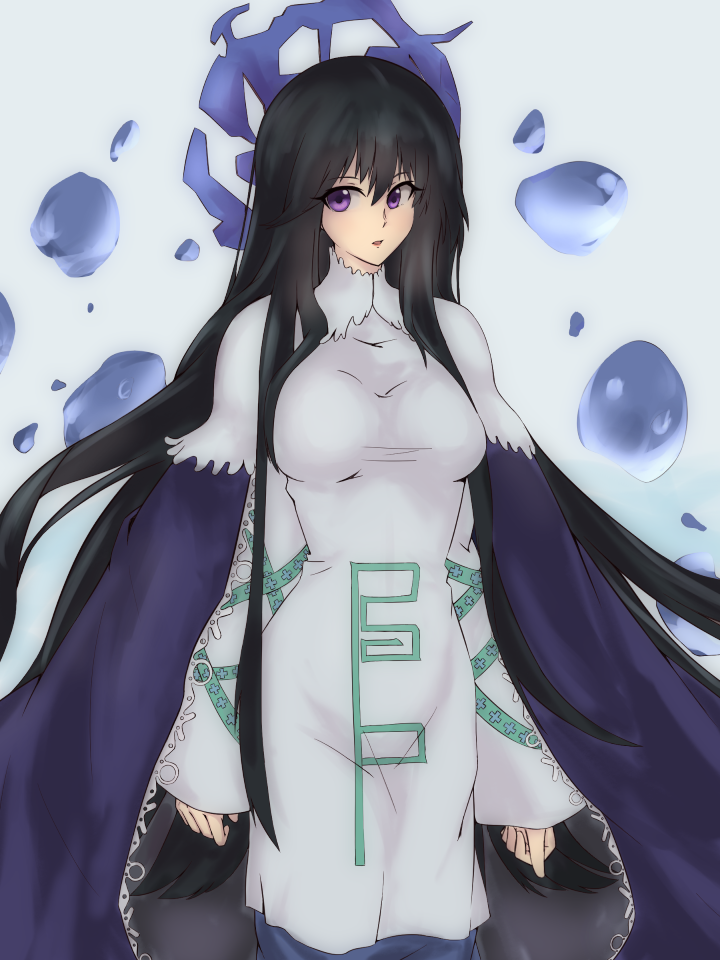1girl, black_hair, blue_cape, blush, breasts, bubble, cape, dress