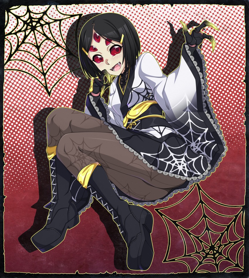 1girl, arthropod_girl, black_hair, boots, brown_socks, carapace, chuunioniika, claws, commentary, english_commentary, extra_eyes, fangs, female_focus, full_body, hair_ornament, hairclip, highres, insect_girl, japanese_clothes, jorougumo, knee_boots, lace-up_boots, lace_trim, legs_together, miniskirt, monster_girl, no_pupils, obi, original, panties, panties_under_pantyhose, pantyhose, parted_bangs, petite, polka_dot, polka_dot_background, print_legwear, red_eyes, sash, seamed_legwear, skirt, socks, solid_eyes, solo, spider_girl, spider_web_print, underwear, wide_sleeves, yellow_socks