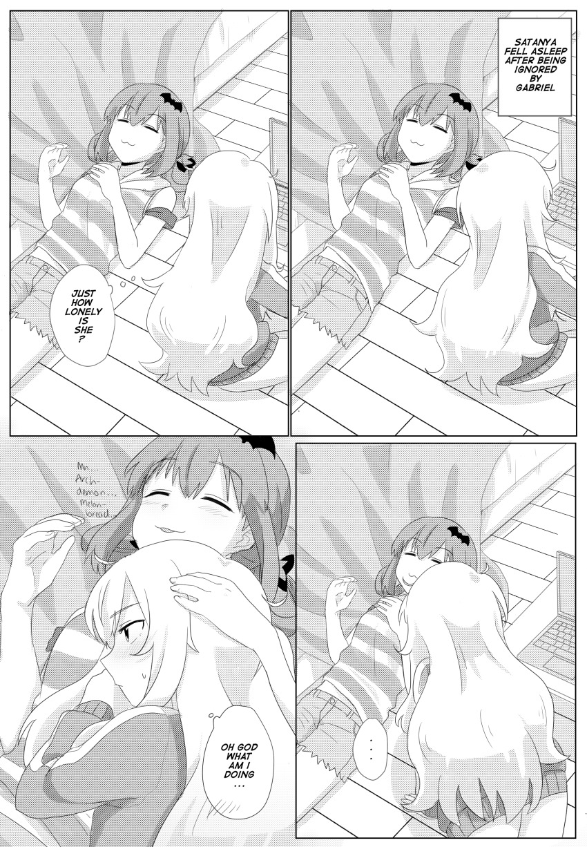 2girls, absurdres, comic, english_text, female_focus, gabriel_dropout, gabriel_tenma_white, greyscale, highres, ivlice, lying, monochrome, multiple_girls, multiple_views, on_back, satanichia_kurumizawa_mcdowell, sleeping, speech_bubble, tagme, talking, text_focus, yuri