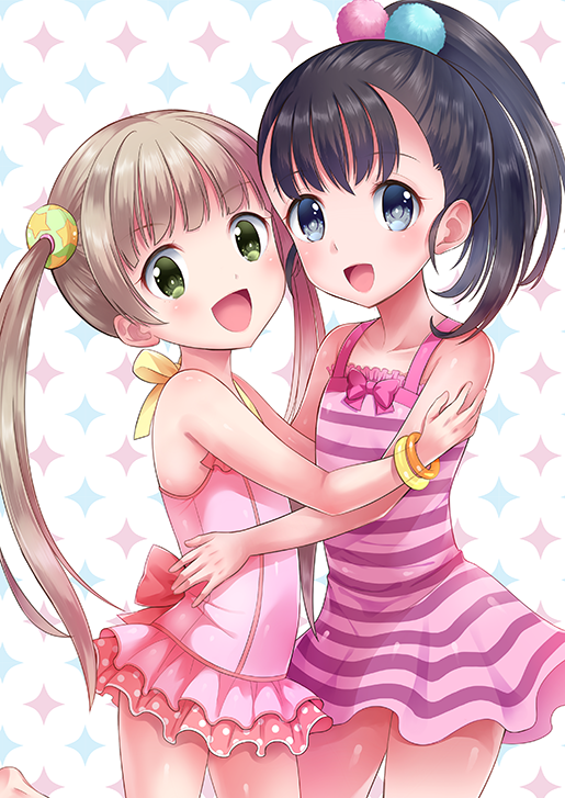 2girls, amu_enya, black_hair, blue_eyes, bracelet, brown_hair, casual_one-piece_swimsuit, dress, fukuyama_mai, green_eyes, hug, idolmaster, idolmaster_cinderella_girls, jewelry, long_hair, multiple_girls, one-piece_swimsuit, open_mouth, pink_dress, pink_one-piece_swimsuit, ponytail, short_dress, smile, striped_clothes, striped_dress, sundress, swimsuit, swimsuit_skirt, twintails, yokoyama_chika