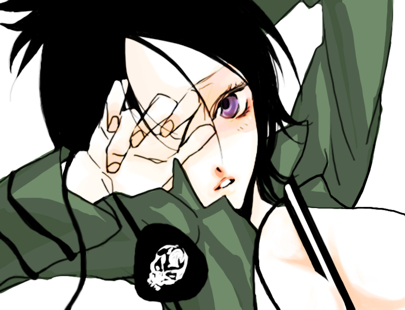 00s, 1girl, aged_up, bad_id, bad_pixiv_id, black_hair, breasts, chrome_dokuro, eyepatch, female_focus, katekyo_hitman_reborn!, large_breasts, open_clothes, open_shirt, purple_eyes, shibuya_(156702), shirt, short_hair, simple_background, skull, solo, white_background