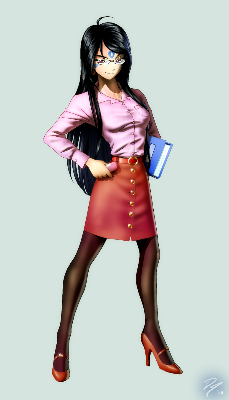 1girl, aa_megami-sama, aged_up, ahoge, black_hair, brown_eyes, commentary, east_coast_canuck, facial_mark, female_focus, forehead_mark, glasses, high_heels, highres, long_hair, office_lady, pantyhose, skuld_(aa_megami-sama), solo, thighhighs