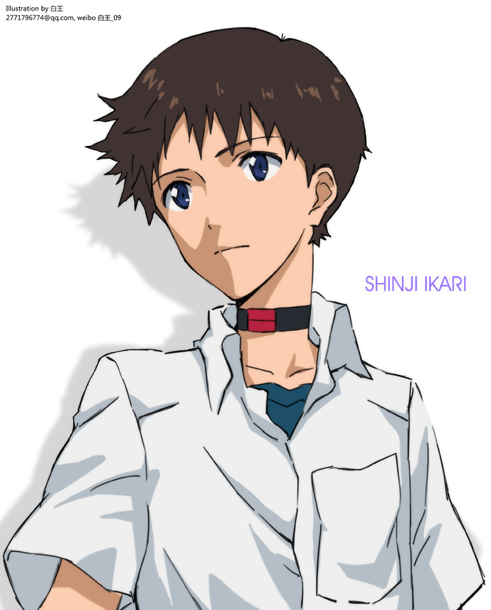 1boy, bai_wang, black_choker, blue_eyes, blue_shirt, breast_pocket, brown_hair, character_name