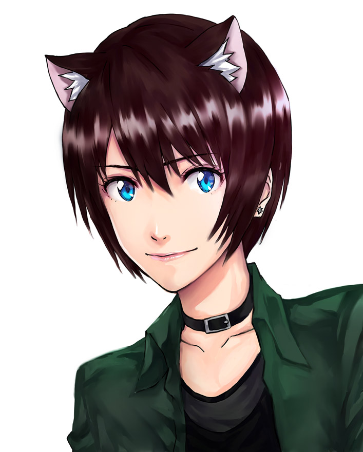 1girl, animal_ears, bai_wang, belt_collar, black_shirt, blue_eyes, brown_hair, cat_ears
