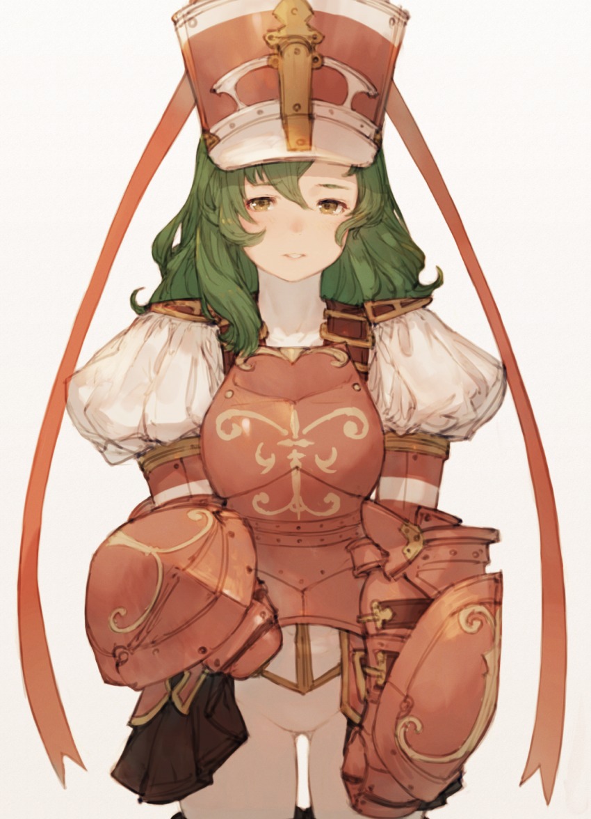 1girl, armor, blush, bodystocking, brown_eyes, cowboy_shot, dragon_quest, female_focus, gauntlets, green_hair, hair_between_eyes, hat, highres, juliet_sleeves, junwool, long_sleeves, looking_at_viewer, natalie_(radiata_stories), parted_lips, puffy_sleeves, radiata_stories, shield, sidelocks, simple_background, solo, wavy_hair, white_background