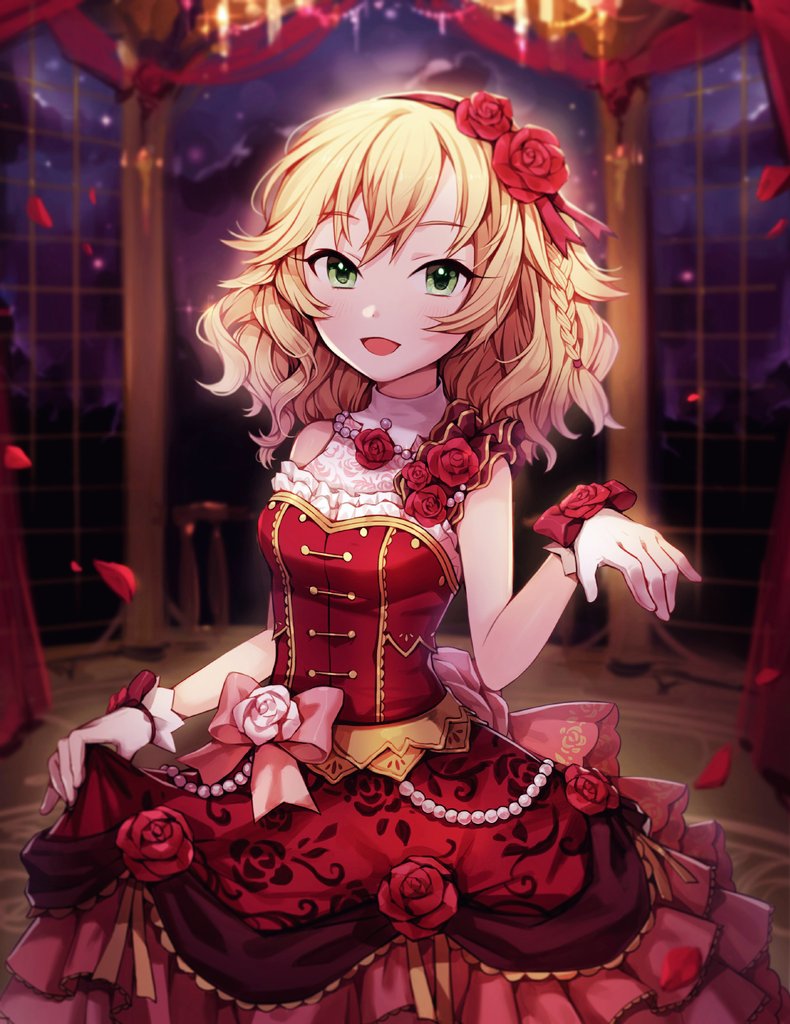 1girl, blonde_hair, bow, braid, cloud, commentary, corsage, cowboy_shot