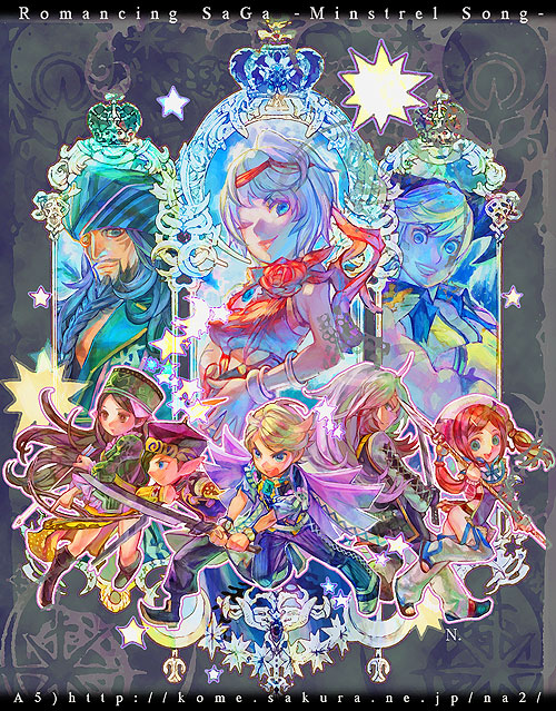 4boys, 4girls, ahoge, aisha_(romancing_saga), aisha_(saga), albert_(romancing_saga), arrow_(projectile), barbara_(romancing_saga)