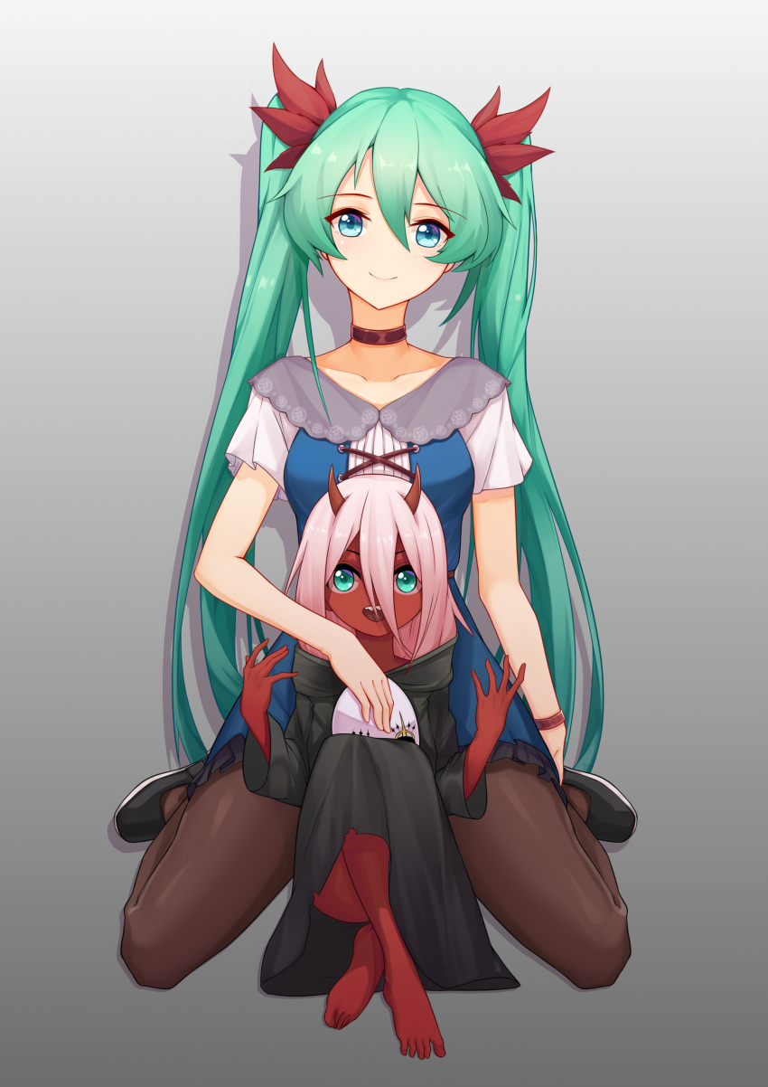 10s, 2girls, absurdres, aqua_eyes, aqua_hair, brown_legwear, choker, cloak