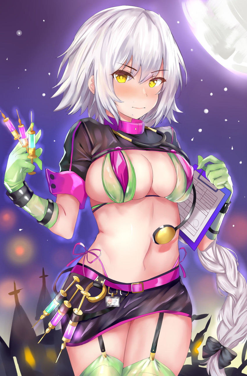 1girl, absurdres, between_fingers, bikini, blush, braid, clipboard, cosplay, cowboy_shot, fate/grand_order, fate_(series), female_focus, florence_nightingale_(fate), florence_nightingale_(fate)_(cosplay), florence_nightingale_(trick_or_treatment)_(fate), florence_nightingale_(trick_or_treatment)_(fate)_(cosplay), gloves, green_bikini, green_gloves, green_thighhighs, highres, holding, holding_syringe, jeanne_d'arc_(fate), jeanne_d'arc_alter_(avenger)_(fate), jeanne_d'arc_alter_(fate), layered_bikini, long_hair, moon, night, official_alternate_costume, purple_bikini, revealing_clothes, shrug_(clothing), silver_hair, single_braid, skirt, solo, standing, stethoscope, sui_(aa6281809), swimsuit, syringe, thighhighs, very_long_hair, yellow_eyes
