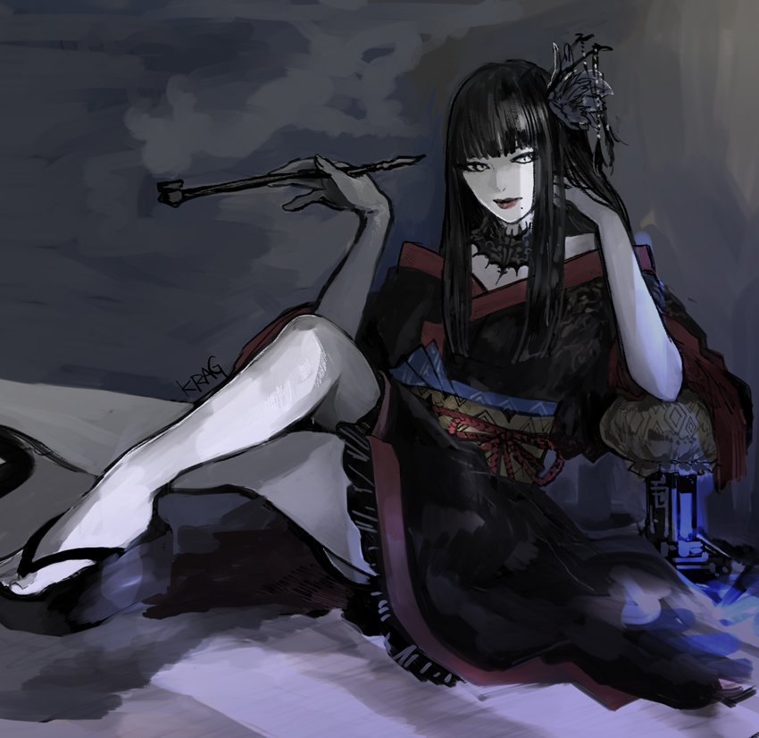 1girl, black_footwear, black_hair, choker, final_fantasy, final_fantasy_xiv, hair_ornament, hyur, japanese_clothes, kimono, crossed_legs, lipstick, makeup, smoking_pipe, red_lips, smoking, straight_hair, yotsuyu_goe_brutus, yum0811