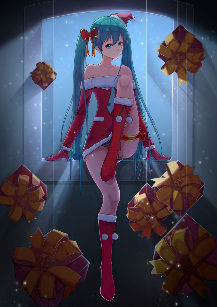 1girl, absurdres, aqua_eyes, bare_shoulders, boots, bow, box, christmas