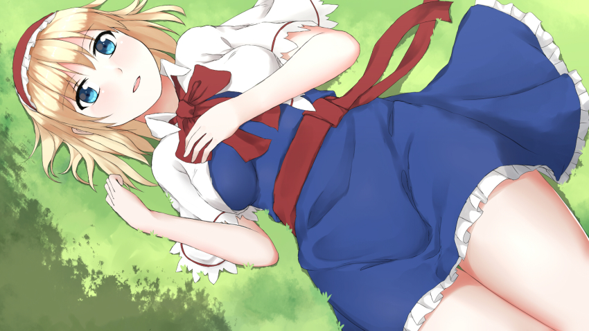 1girl, :d, alice_margatroid, belt, blonde_hair, blue_dress, blue_eyes, blush