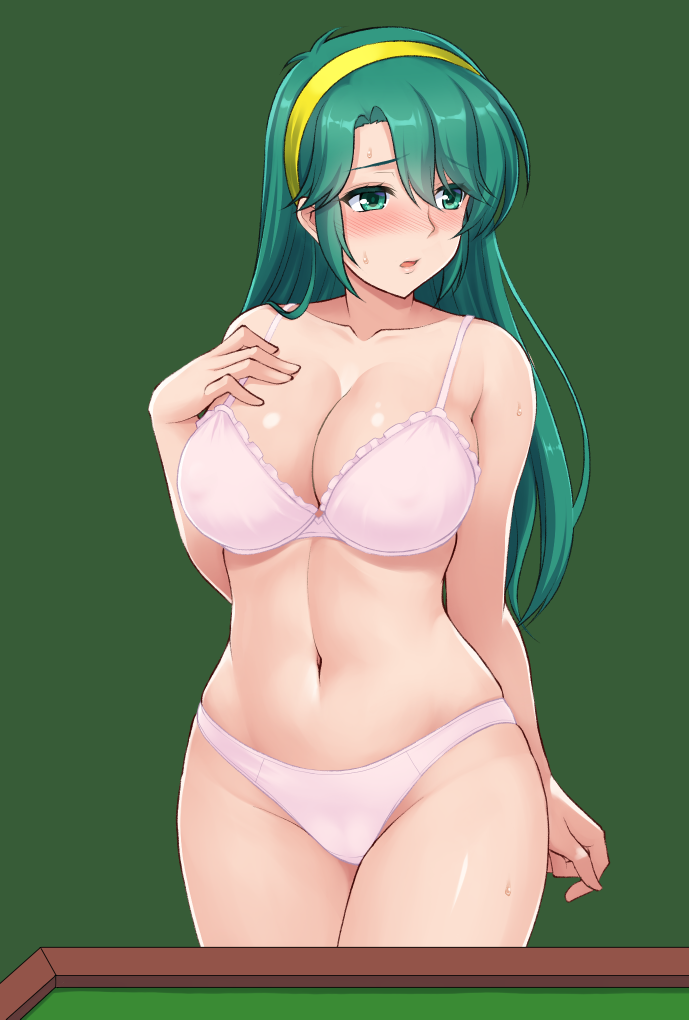 1girl, arm_behind_back, blush, bra, breasts, cleavage, collarbone, female_focus, green_background, green_eyes, green_hair, hairband, hormone_koijirou, long_hair, looking_away, medium_breasts, navel, open_mouth, panties, pink_bra, pink_panties, shoko_(super_real_mahjong), simple_background, solo, super_real_mahjong, underwear, underwear_only