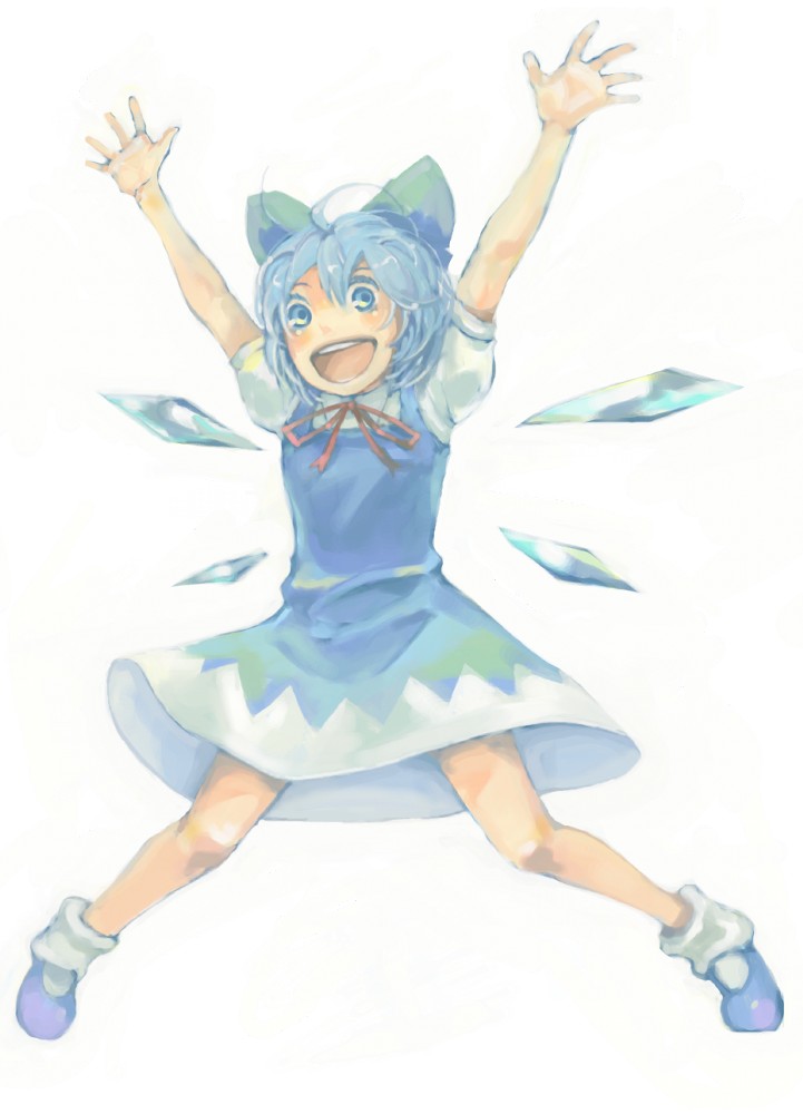 1girl, \o/, arms_up, bad_id, bad_pixiv_id, cirno, dress, female_focus