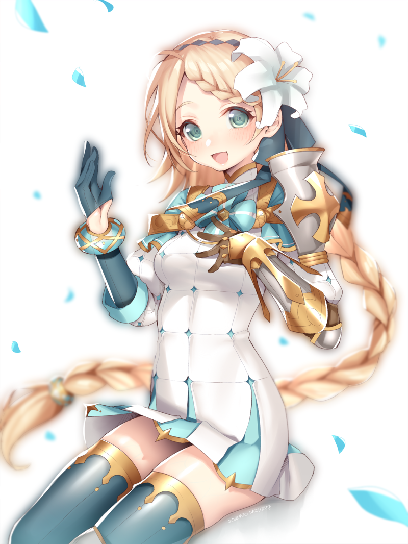 1girl, :d, armor, black_gloves, black_thighhighs, blue_eyes, blue_neckwear, blue_theme, blurry, bracelet, braid, braided_bangs, braided_ponytail, dated, dress, female_focus, fermi_(sennen_sensou_aigis), flower, gloves, hair_flower, hair_ornament, hairband, hand_up, hattori_masaki, jewelry, long_hair, looking_at_viewer, low-tied_long_hair, open_mouth, sennen_sensou_aigis, sitting, smile, solo, thighhighs, very_long_hair, white_dress
