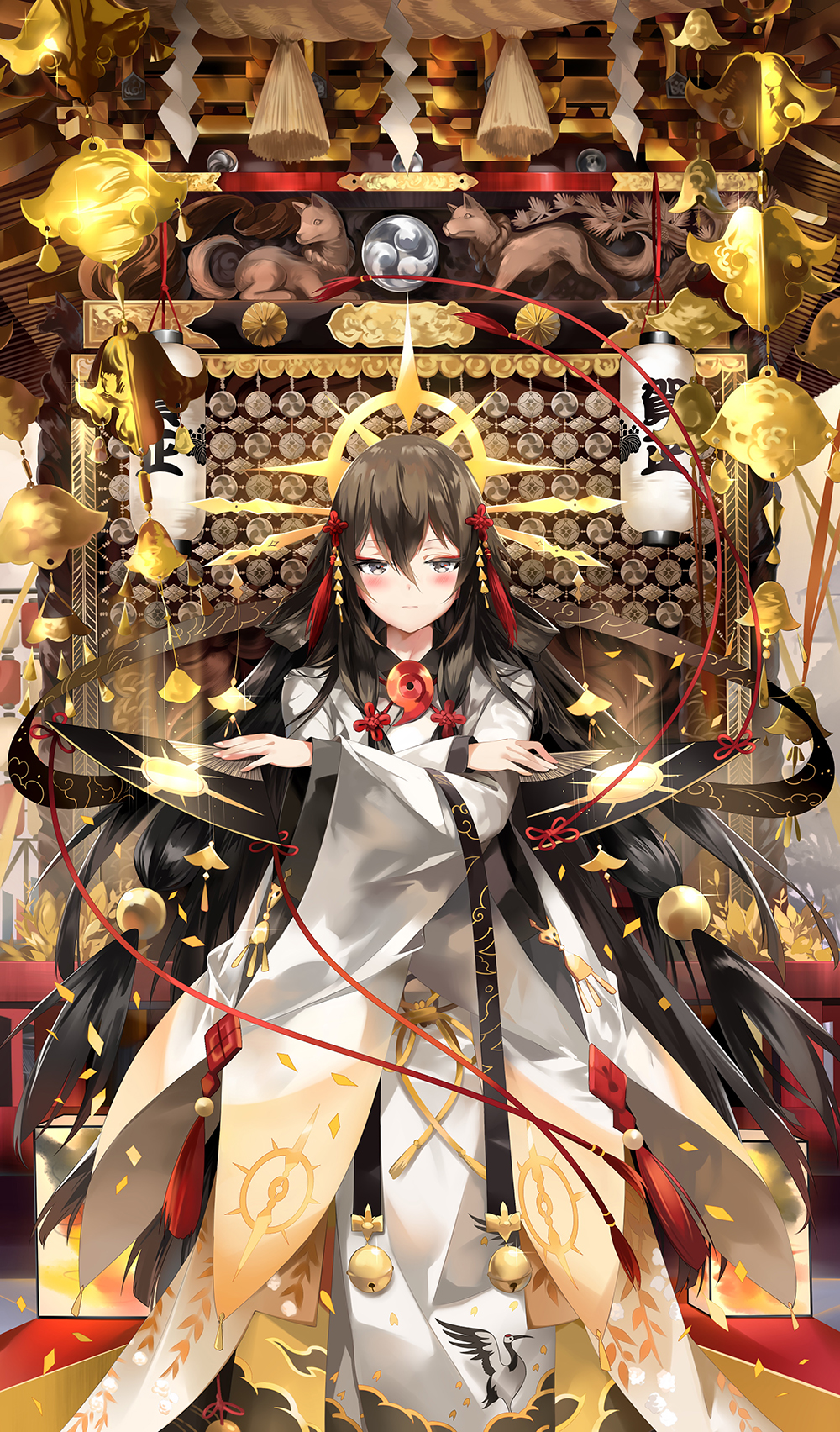 1girl, altar, bell, black_hair, blush, divine_empress_(iron_saga), female_focus, folding_fan