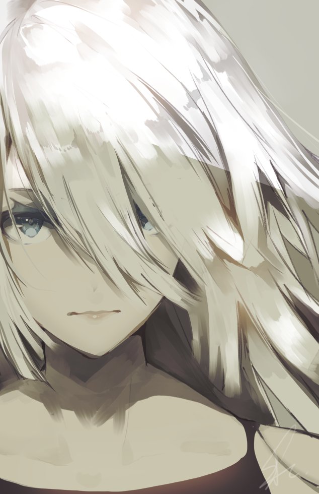 1girl, a2_(nier:automata), android, blue_eyes, close-up, facing_viewer, female_focus, hair_over_face