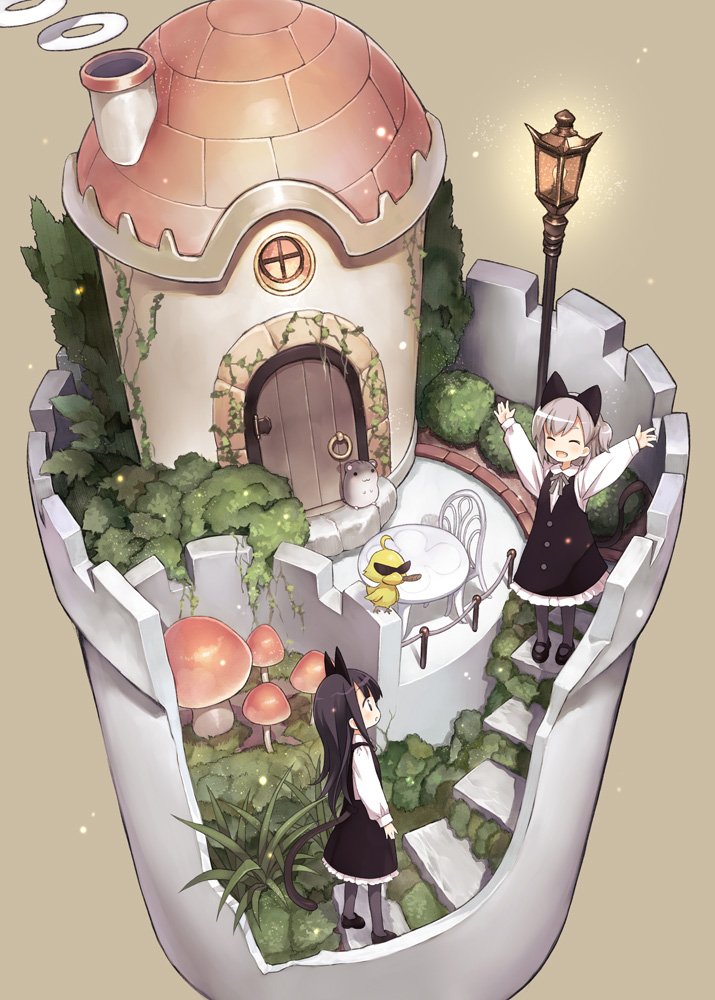 2girls, :d, \o/, ^_^, ahoge, animal, animal_ears, arms_up