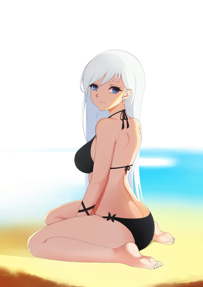 1girl, ass, azur_lane, barefoot, beach, belfast_(azur_lane), between_legs, bikini