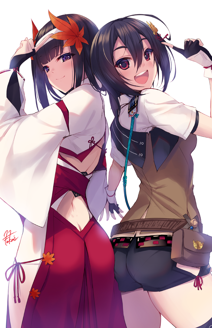 2girls, ahoge, ass, ass-to-ass, black_gloves, black_shorts, bridal_gauntlets, butt_crack, character_name, closed_mouth, commentary_request, fingerless_gloves, from_behind, fukai_ryosuke, gloves, hair_between_eyes, hair_ornament, hakama, hakama_skirt, hand_up, itsukushima_no_tomonari_(tenka_hyakken), japanese_clothes, leaf, looking_at_viewer, looking_back, maple_leaf, miko, multiple_girls, nukemaru_(tenka_hyakken), open_mouth, purple_eyes, red_eyes, red_hakama, round_teeth, short_shorts, short_sleeves, shorts, simple_background, skirt, smile, standing, teeth, tenka_hyakken, upper_teeth_only, white_background, wide_sleeves