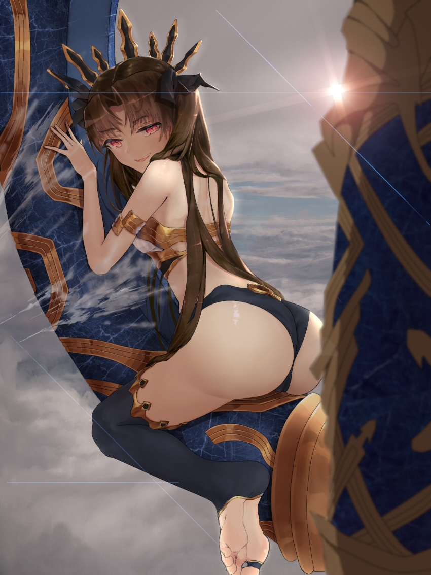 1girl, ass, asymmetrical_legwear, bare_shoulders, black_hair, black_ribbon, detached_collar, earrings, fate/grand_order, fate_(series), feet, female_focus, hair_ribbon, heavenly_boat_maanna, highres, hoop_earrings, ishtar_(fate), jewelry, neck_ring, no_shoes, open_mouth, red_eyes, ribbon, single_thighhigh, smile, soles, solo, thighhighs, toeless_legwear, tohsaka_rin, two_side_up, uneven_legwear, weapon, xufeeg