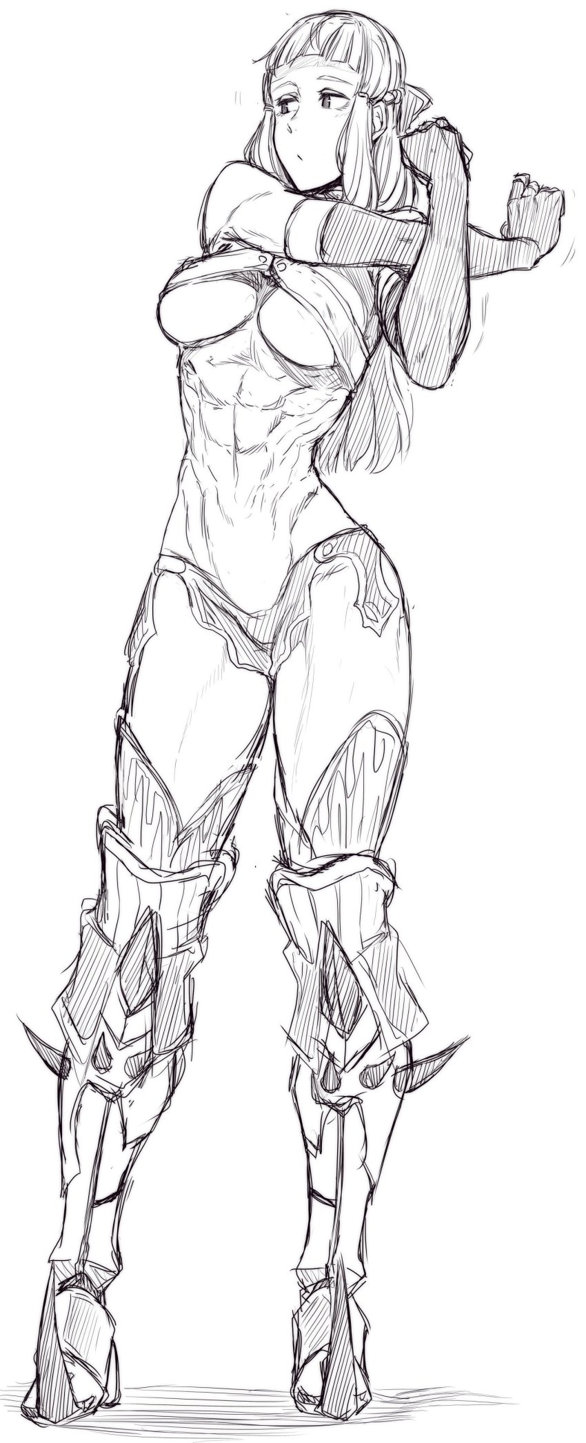 1girl, abs, absurdres, blunt_bangs, boots, breasts, commentary_request, contrapposto