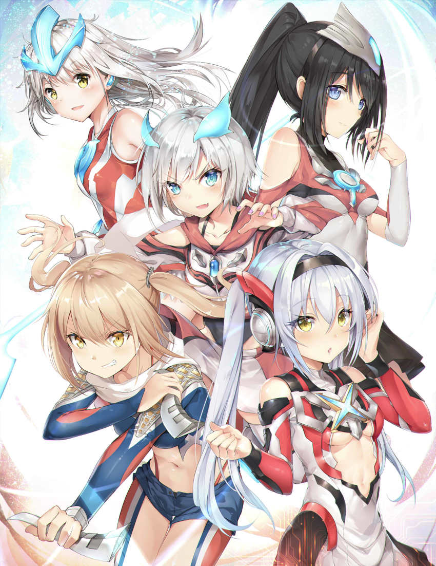 5girls, :d, :o, absurdres, arm_up, arm_warmers, bare_shoulders, black_dress