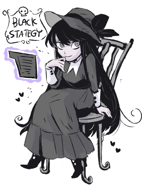 1girl, black_dress, black_hair, black_hat, black_strategy, chair, character_name, dress, grey_eyes, hackto, hat, heart, high_heels, long_hair, long_sleeves, looking_at_viewer, ok_k.o.!_let's_be_heroes, simple_background, sitting, skull, smile, white_background