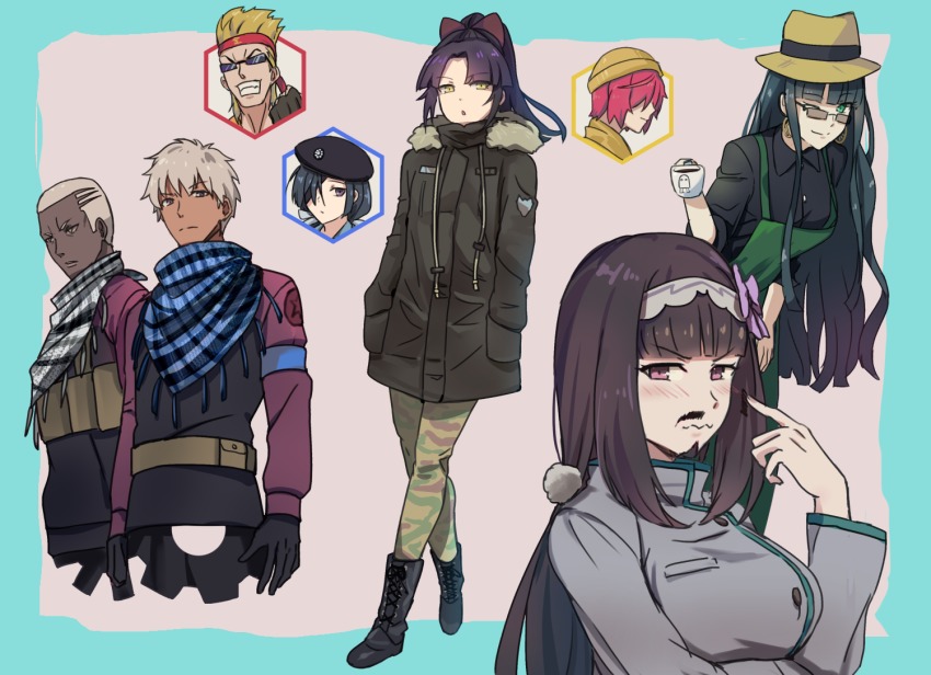 4boys, 4girls, ;), akaba_(kamen_rider_build), akaba_(kamen_rider_build)_(cosplay), aoba_(kamen_rider_build), aoba_(kamen_rider_build)_(cosplay), apron, archer_(fate), beanie, beret, black_gloves, blonde_hair, boots, breasts, cleopatra_(fate), coat, collared_shirt, cosplay, cup, dark_skin, dark-skinned_male, earrings, emiya_alter, fate/grand_order, fate_(series), fuuma_kotarou_(fate), gloves, grin, hairband, hands_in_pockets, hat, himuro_gentoku, himuro_gentoku_(cosplay), hsin, isurugi_souichi, isurugi_souichi_(cosplay), jewelry, kamen_rider, kamen_rider_build_(series), katou_danzou_(fate), kiba_(kamen_rider_build), kiba_(kamen_rider_build)_(cosplay), long_hair, medium_breasts, mochizuki_chiyome_(fate), multiple_boys, multiple_girls, one_eye_closed, osakabehime_(fate), pantyhose, ponytail, purple_eyes, sakata_kintoki_(fate), sawatari_kazumi, sawatari_kazumi_(cosplay), scarf, shirt, short_hair, smile, sunglasses, washio_fuu, washio_fuu_(cosplay), washio_rai, washio_rai_(cosplay), winter_clothes, winter_coat, yellow_eyes