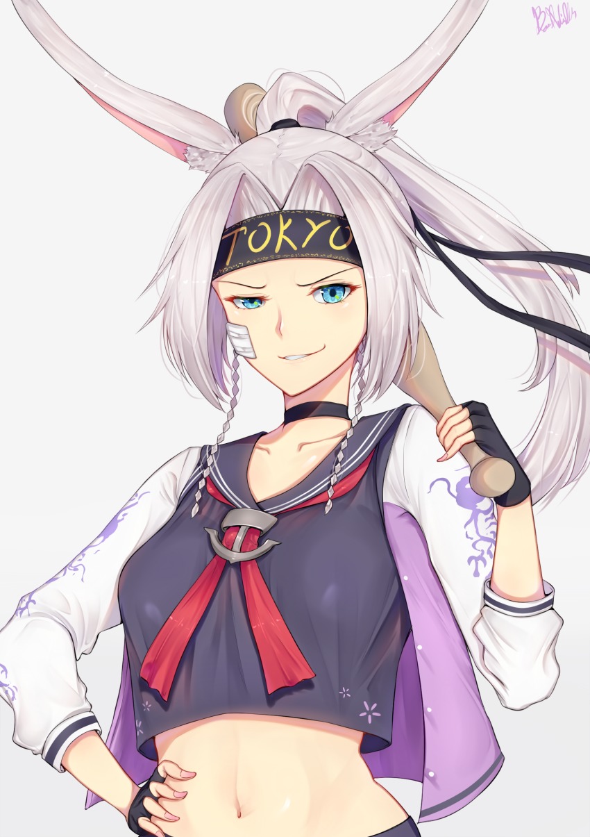 1girl, absurdres, anchor, animal_ears, artist_name, azur_lane, band-width, baseball_bat