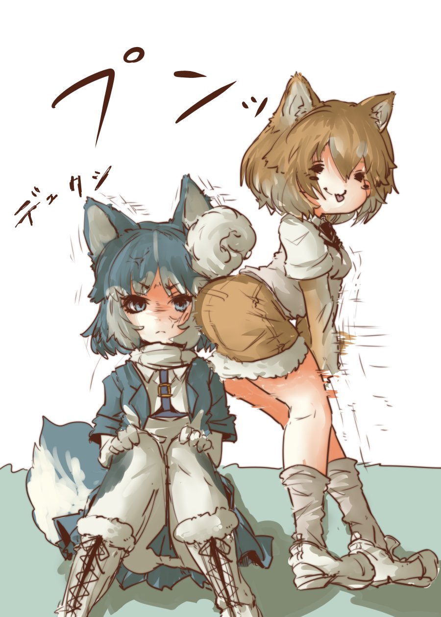 10s, 2girls, anger_vein, animal_ears, black_hair, boots, commentary_request, dog_(shiba_inu)_(kemono_friends), dog_ears, dog_tail, elbow_gloves, gloves, harness, highres, jacket, kemono_friends, light_brown_hair, motocompoooo, multicolored_hair, multiple_girls, necktie, pantyhose, pleated_skirt, scarf, shoes, short_hair, short_sleeves, shorts, siberian_husky_(kemono_friends), sitting, skirt, sneakers, socks, tail, tongue, tongue_out, white_hair