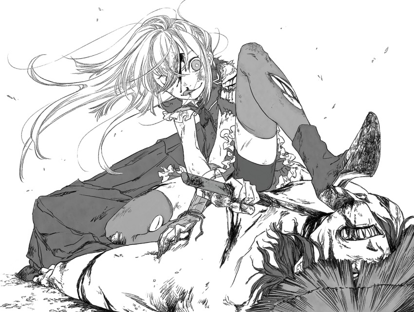 10s, 2boys, blood, blood_on_face, clenched_teeth, dress, enemy_uchigatana, frilled_dress