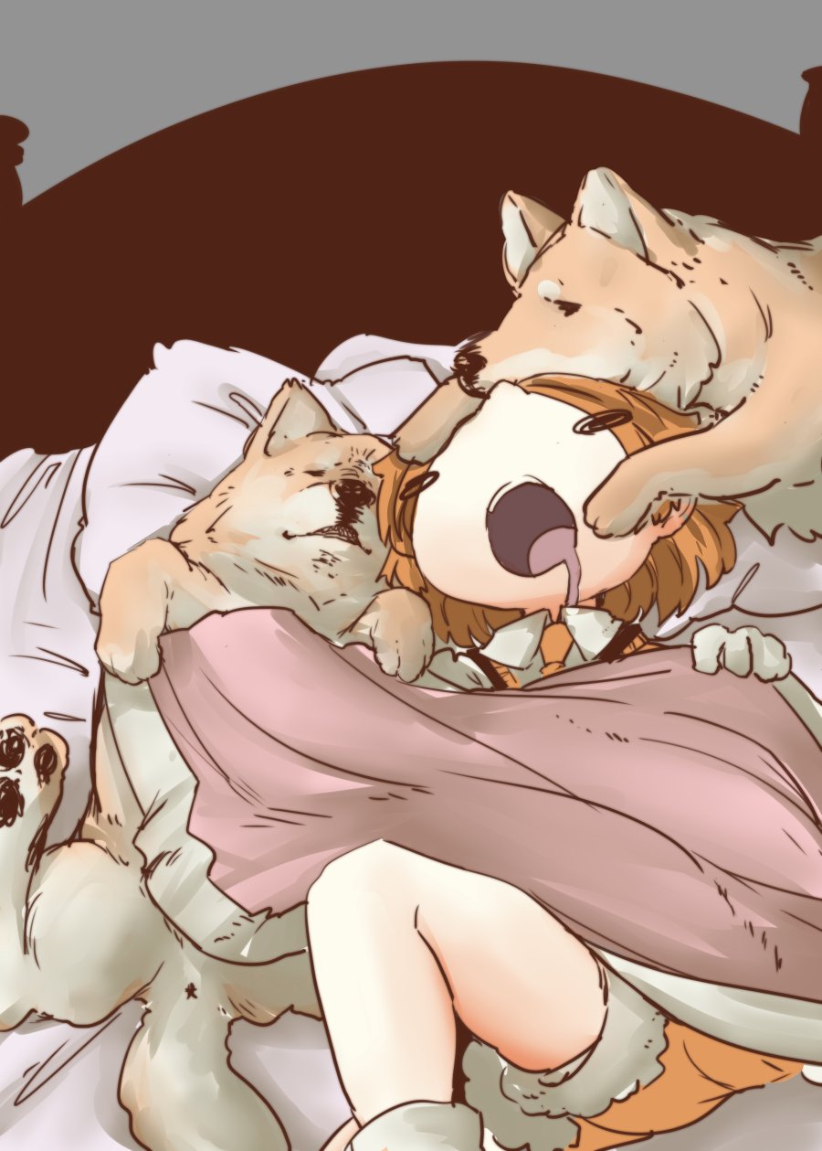 10s, 1girl, animal_ears, bed, blanket, commentary_request, dog, dog_(shiba_inu)_(kemono_friends)