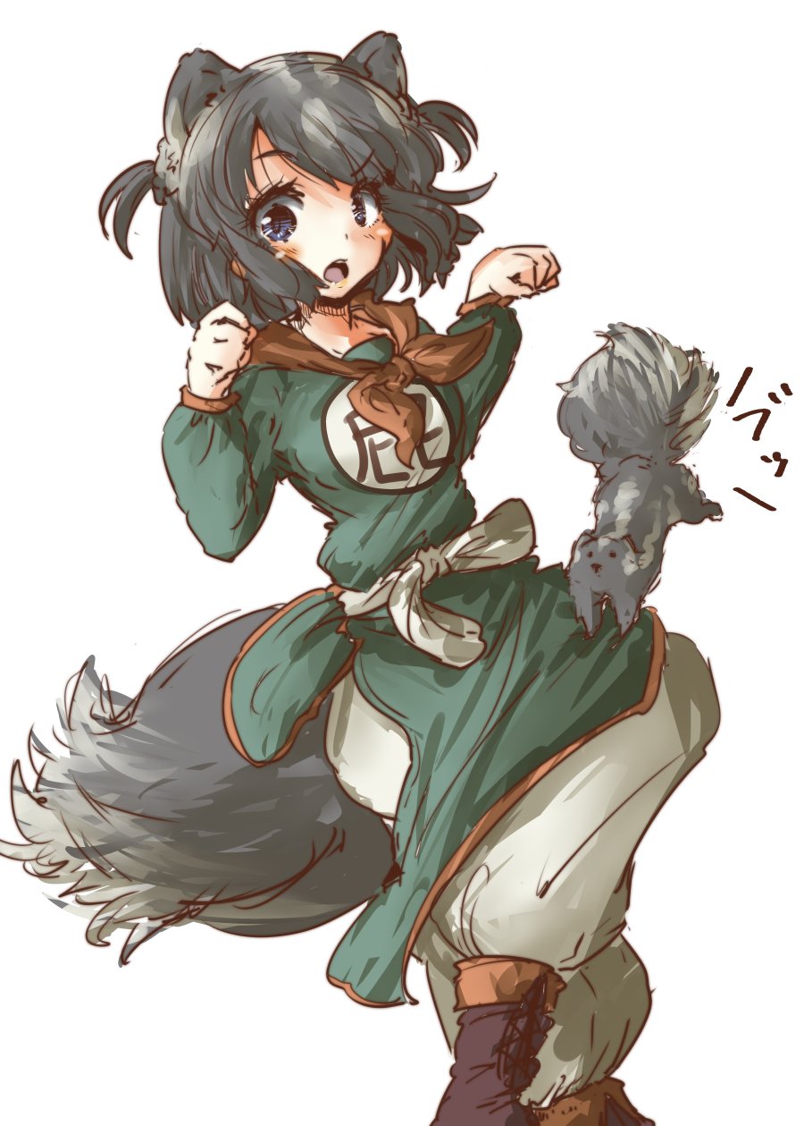 10s, 1girl, alternate_costume, alternate_hairstyle, baggy_pants, black_hair, boots, commentary_request, female_focus, hair_tie, highres, kemono_friends, long_sleeves, motocompoooo, multicolored_hair, neckerchief, pants, short_hair, skunk, skunk_ears, skunk_tail, solo, spotted_skunk_(kemono_friends), translation_request, white_hair
