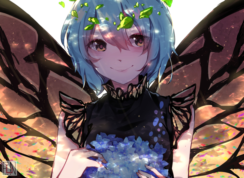 1girl, :>, artist_name, black_dress, blue_hair, butterfly_wings, commentary, dappled_sunlight