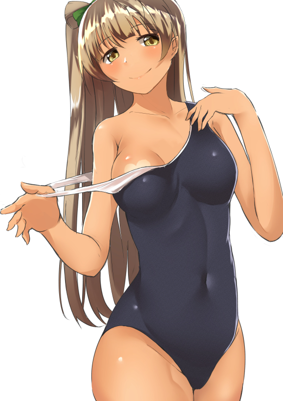 1girl, blue_one-piece_swimsuit, blush, breasts, breasts_apart, brown_eyes, brown_hair, cleavage