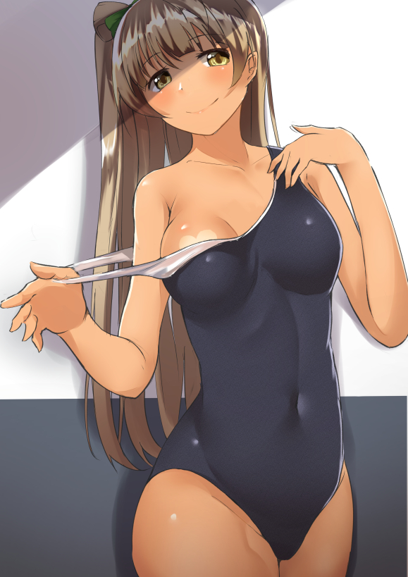 1girl, black_background, blue_one-piece_swimsuit, blush, breasts, breasts_apart, brown_eyes, brown_hair
