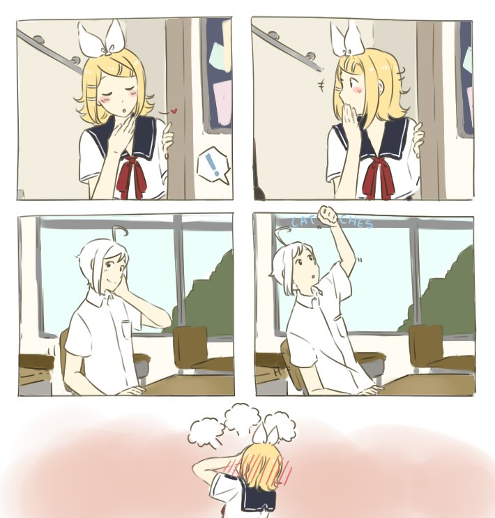 1boy, 1girl, 4koma, ahoge, blonde_hair, blowing_kiss, blush, catching, classroom, comic, covering_own_mouth, embarrassed, hetero, kagamine_rin, school, school_uniform, silent_comic, smile, tod-mugi, utatane_piko, vocaloid