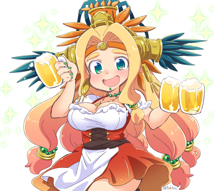 1girl, :d, alcohol, alternate_costume, aztec, bare_arms, bead_necklace, beads