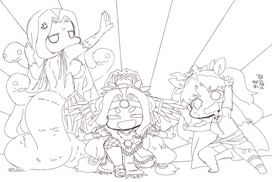 3girls, :d, anger_vein, aztec, back, bare_back, beads, bracer