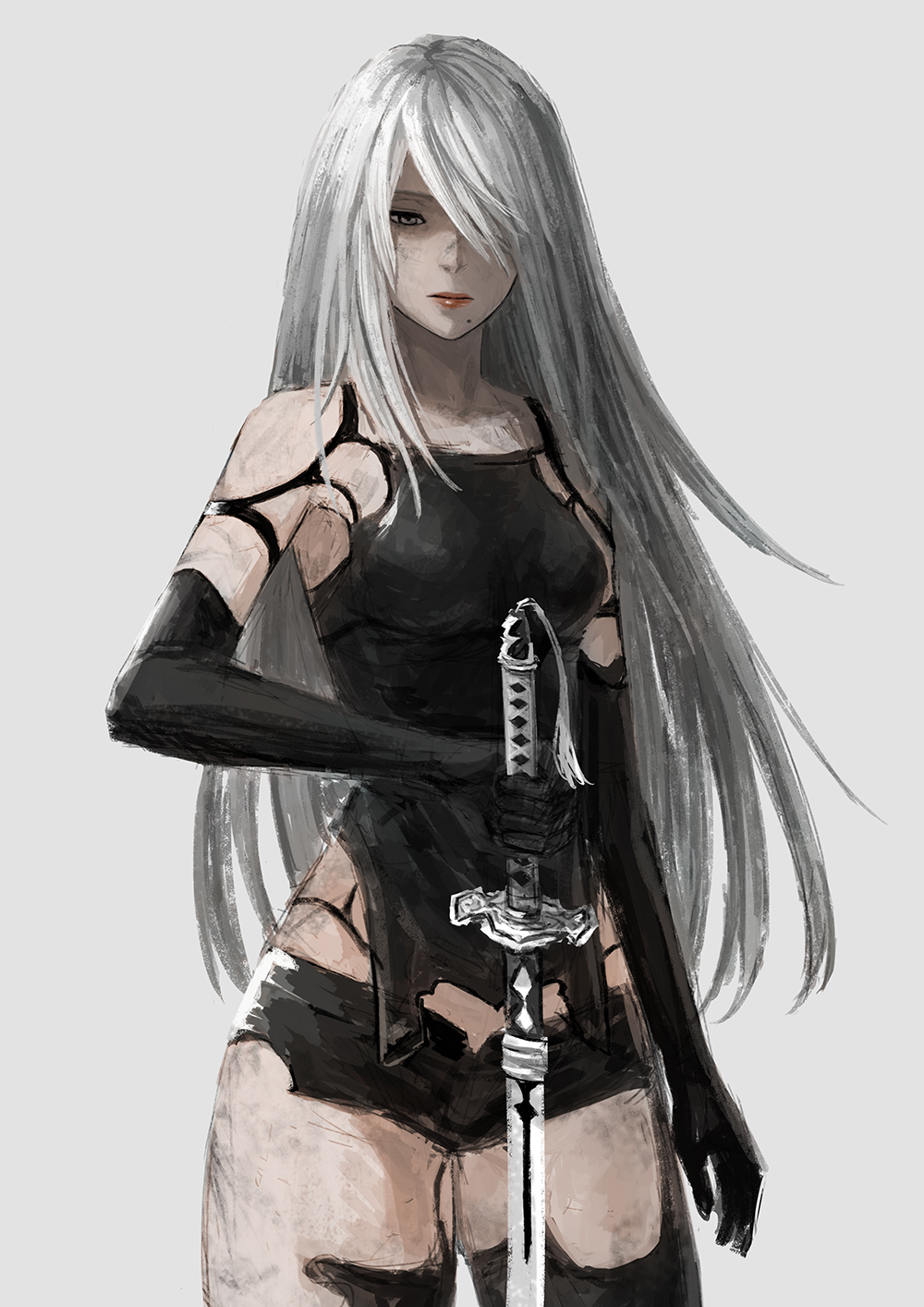 1girl, a2_(nier:automata), android, armlet, black_gloves, black_shorts, blue_eyes, elbow_gloves