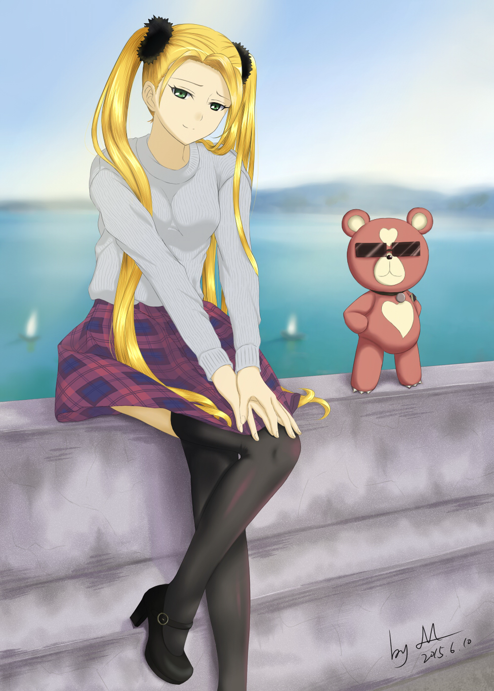 1girl, alternate_costume, aoki_hagane_no_arpeggio, blonde_hair, blurry, boat, casual, closed_mouth, concrete, contemporary, dated, day, depth_of_field, eyelashes, fur-trimmed_hair_tie, fur_trim, green_eyes, hair_intakes, hand_on_own_knee, hands_on_lap, haruna_(aoki_hagane_no_arpeggio), high_heels, highres, jishou_roukyuu, long_hair, looking_at_viewer, mary_janes, mountain, ocean, outdoors, plaid_clothes, plaid_skirt, sailboat, scrunchie, shoes, shore, signature, sitting, sitting_on_wall, skirt, sky, stuffed_animal, stuffed_toy, sunglasses, sweater, teddy_bear, thighhighs, twintails, very_long_hair, watercraft, yotarou_(aoki_hagane_no_arpeggio)