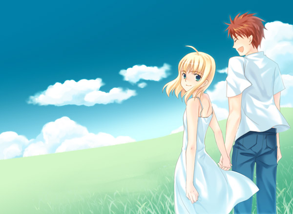 00s, 1boy, 1girl, ahoge, aqua_eyes, artoria_pendragon_(fate), blonde_hair, cloud